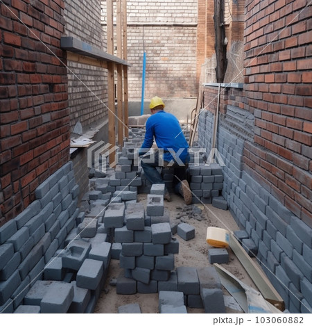 Working bricklayer lays out bricks, stands a wall, a man builds a house 103060882