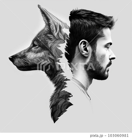 One half of photo is wild wolf, other half is man, symbol of unity of opposites, yin and yang, split personality, bipolarity, werewolf, witchcraf, psychological psychedelic background 103060981