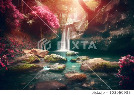 Beautiful fairytale landscape with a waterfall. Neural network AI generated art 103060982