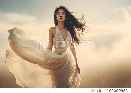 Asian girl in a white dress among the clouds. Neural network AI generated art 103060983
