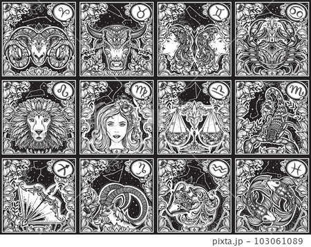 Beautiful black and white square cards with zodiac signs and flowers in ornate victorian style. Seamless pattern. 103061089
