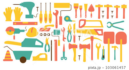 Set of construction tools on an isolated background. Construction or renovation. Building supplies for use as a design element or logo. Vector illustration. 103061457