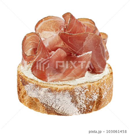 Italian prosciutto crudo bruschetta isolated on white background 103061458
