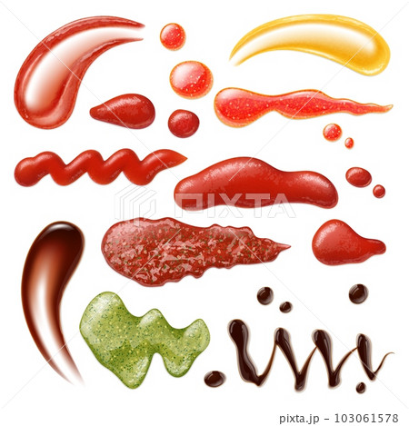 Sauces stripes and drops, realistic ketchup, mayonnaise and mustard. Chili with spices, isolated soy sauce. Food toppings pithy vector collection 103061578