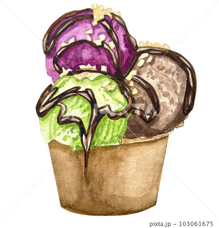 watercolor hand-painted ice cream cone and balls cup frozen gelato of green pink yellow colors ice cream in chocolate with chocolate glaze clip art set for print scrapbooking pattern watercolor hand-painted ice cream cone and balls cup frozen gelato of green pink yellow colors ice cream in chocolate with chocolate glaze clip art set for print scrapbooking pattern 103061675