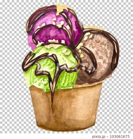watercolor hand-painted ice cream cone and balls cup frozen gelato of green pink yellow colors ice cream in chocolate with chocolate glaze clip art set for print scrapbooking pattern watercolor hand-painted ice cream cone and balls cup frozen gelato of green pink yellow colors ice cream in chocolate with chocolate glaze clip art set for print scrapbooking pattern 103061675