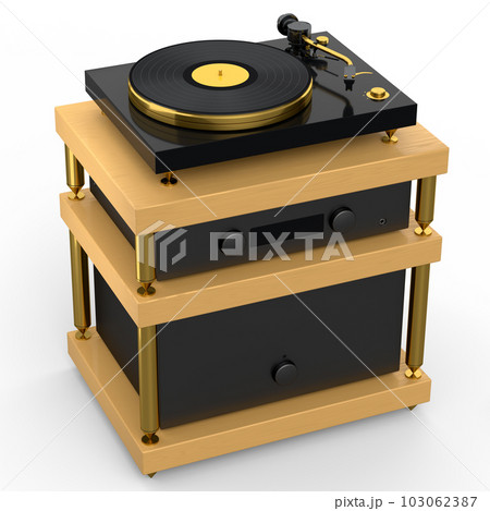 HiFi system with DJ turntable and amplifier on stand for home theater on white. HiFi system with DJ turntable and amplifier on stand for home theater on white. 103062387