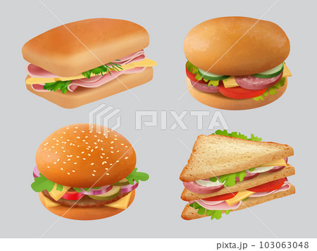 Realistic sandwich. Fast food burgers bun with vegetables and meat decent vector sandwitch template 103063048