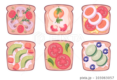 Sandwiches top view. Helthy breakfast products snack with fruits meal exact vector lunch food 103063057