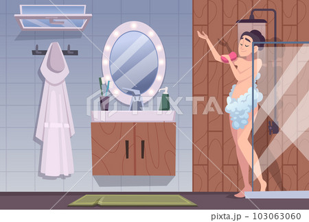 Shower. Fast daily morning routine people bathing exact vector cartoon templates 103063060