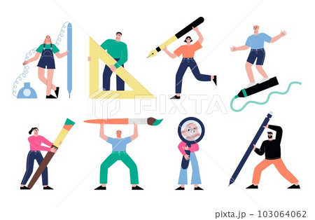 People with stationery, tiny men and women and giant pen, pencil, magnifying glass. Artists and office characters, creative designers sapid vector persons People with stationery, tiny men and women and giant pen, pencil, magnifying glass. Artists and office characters, creative designers sapid vector persons 103064062