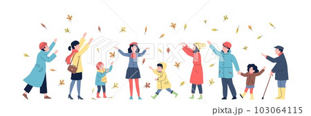 People recreation outdoor, autumn leaves falling. Happy fall, adults and children playing in park or forest. November october recent vector scene 103064115