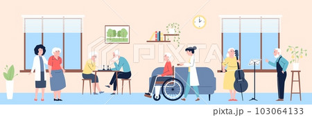 Nursing home, nurse and old person in wheelchair. Community pensioners, retirement house or hospital public area. Cartoon recent vector scene 103064133
