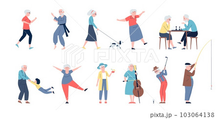 Elderly happy flat characters, old seniors. Isolated modern grandma and grandpa. Active grandparents doing exercises and rest, recent vector set 103064138