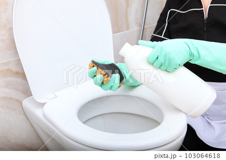 Cleaning and disinfection of the toilet. Disinfection of the toilet. Prevention of infection. Cleaning services in the house. Cleaning in bathroom. 103064618