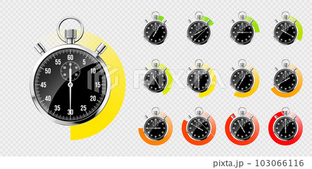 Realistic classic stopwatch. Shiny metal chronometer, black time counter with dial. Colorful countdown timer showing minutes, seconds. Time measurement for sport, start or finish. Vector illustration Realistic classic stopwatch. Shiny metal chronometer, black time counter with dial. Colorful countdown timer showing minutes, seconds. Time measurement for sport, start or finish. Vector illustration 103066116
