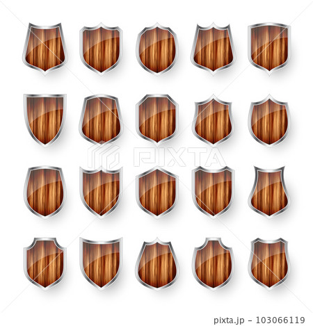 Set of wooden vintage shield icons. Black heraldic shields. Protection and security symbol, label. Vector illustration 103066119