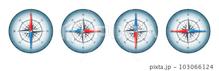 Marine compass, nautical wind rose with cardinal directions of North, East, South, West and degree markings. Geographical position and orientation, cartography and navigation. Vector illustration 103066124
