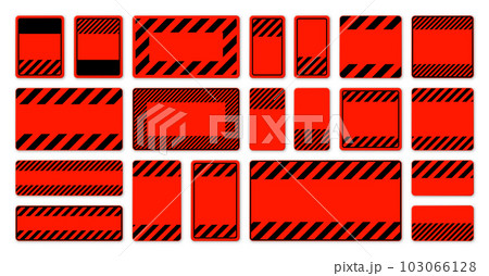 Various blank red warning signs with diagonal lines. Attention, danger or caution sign, construction site signage. Realistic notice signboard, warning banner, road shield. Vector illustration 103066128