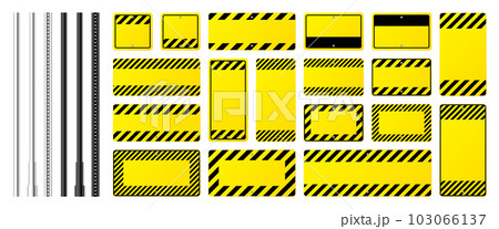 Warning, danger signs, attention banners with metal poles. Blank yellow caution sign, construction site signage. Notice signboard, warning banner, road shield. Vector illustration Warning, danger signs, attention banners with metal poles. Blank yellow caution sign, construction site signage. Notice signboard, warning banner, road shield. Vector illustration 103066137
