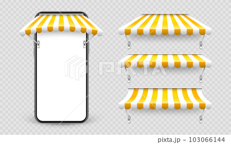 Smartphone with shop sunshade and metal mount, online internet shopping. Realistic yellow striped cafe awning. Outdoor market tent. Roof canopy. Summer street store. Vector illustration Smartphone with shop sunshade and metal mount, online internet shopping. Realistic yellow striped cafe awning. Outdoor market tent. Roof canopy. Summer street store. Vector illustration 103066144