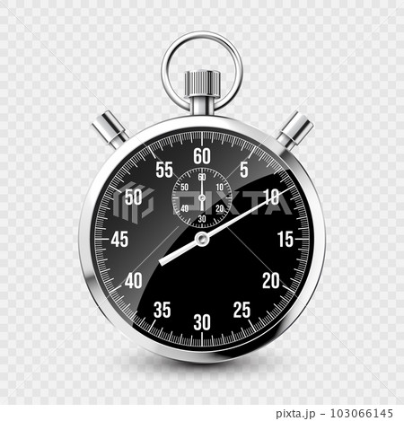 Realistic classic stopwatch. Shiny metal chronometer, time counter with dial. Countdown timer showing minutes and seconds. Time measurement for sport, start and finish. Vector illustration 103066145