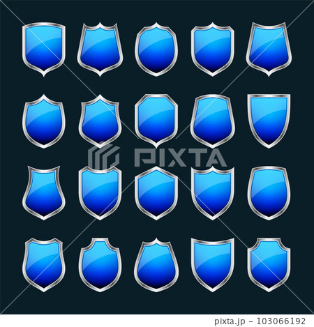 Set of various vintage 3d shield icons. Black heraldic shields. Blue protection and security symbol, label. Vector illustration 103066192