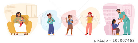 Diabetes Children Control. Little Characters Managing And Monitoring Diabetes, Using Tools For Optimal Health 103067468