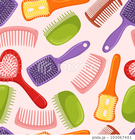 Seamless Pattern Featuring Hair Brushes In A Variety Of Styles And Sizes. Repeated Background Perfect For Hairdressers Seamless Pattern Featuring Hair Brushes In A Variety Of Styles And Sizes. Repeated Background Perfect For Hairdressers 103067481