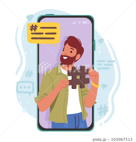Man Character Holding Hashtag Sign On Smartphone Screen, Symbolizing Social Media Trends, Online Engagement 103067513