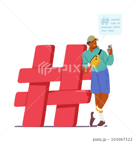 Tiny Man With Smartphone Near Huge Hashtag Sign Represents The Influence Of Social Media On Our Lives Tiny Man With Smartphone Near Huge Hashtag Sign Represents The Influence Of Social Media On Our Lives 103067522