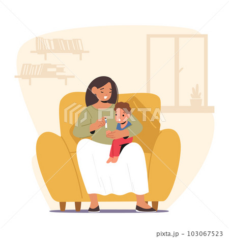 Mother Controls Child Diabetes. Parent Character Sitting on Couch Monitoring Baby Blood Sugar, Administering Insulin 103067523