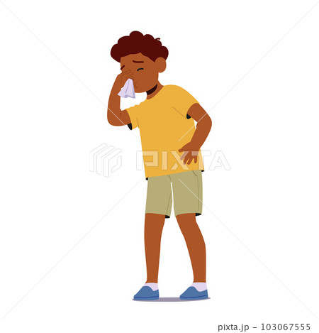 Child Character Sneeze And Cough. Nasal Congestion, Runny Nose, Occasional Fever, Body Discomfort, And Throat Irritation 103067555