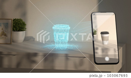 White cup hologram stand on table phone display augmented reality 103067693