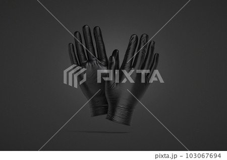 Blank black rubber gloves mockup, front and back, dark background Blank black rubber gloves mockup, front and back, dark background 103067694