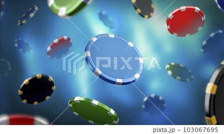 Colored plastic chip mockup no gravity, blue blur background 103067695
