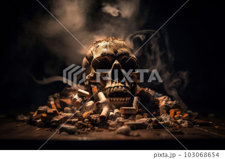 The abstract and artistic design of a human skull surrounded by smoke and cigarettes, representing the dangers of smoking on health, captured by AI Generative. No Tobacco Day 103068654