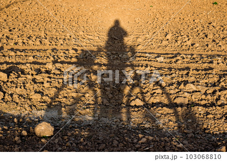 Shadow of a cyclist with a bicycle on a plowed field Shadow of a cyclist with a bicycle on a plowed field 103068810