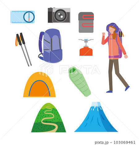 山登りする女性と道具のイラストセット 103069461