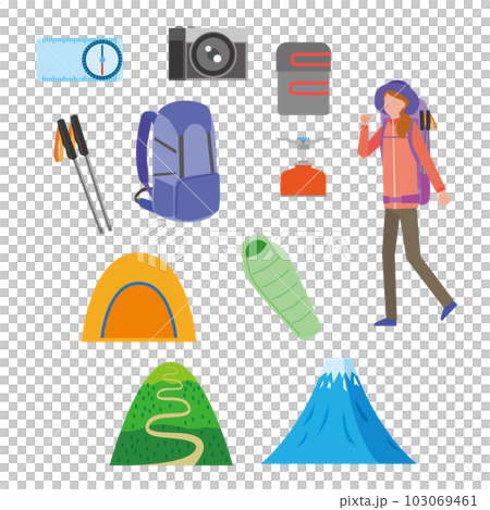 山登りする女性と道具のイラストセット 103069461