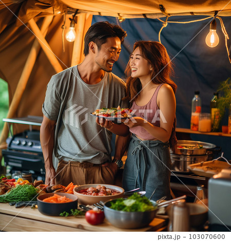 キャンプを楽しむ仲良し夫婦 キャンプを楽しむ仲良し夫婦 103070600