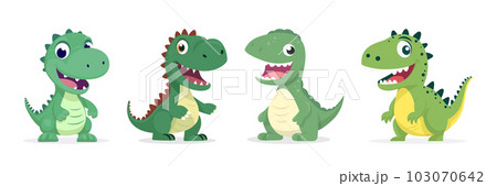 Vector Cute Kind Baby Kid Smiling Dinosaur Set. Happy Cartoon Green Dinosaur Tyrannosaurus Rex, Tyrex Collection in Flat Style Isolated 103070642