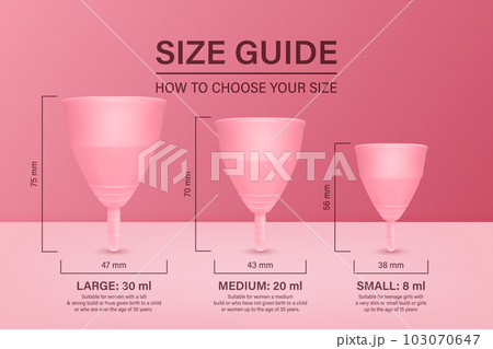 Vector 3d Pink Menstrual Hygiene Silicone Cups on Pink Background. Size Guide. Feminine Hygiene, Health Concept. Menstrual Cup Design Template, Banner 103070647