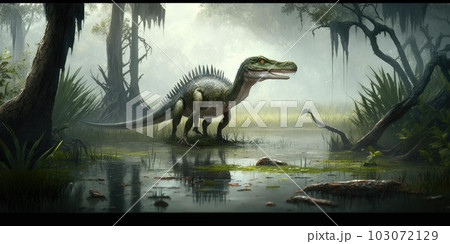 Prehistoric creature or dinosaur in the wild nature. Realistic style drawing. 103072129