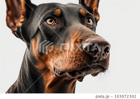 Close up of black-brown Doberman Pinscher dog in white background. Generative AI AIG16. 103072302