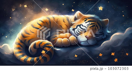 A cute and adorable tiger is sleeping under night sky between stars pillow 103072303