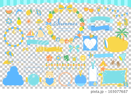 夏のイラストとフレームセット / 文字なし / あしらい、海、ビーチ、自然、飾り枠、見出し、ベクター 103077687