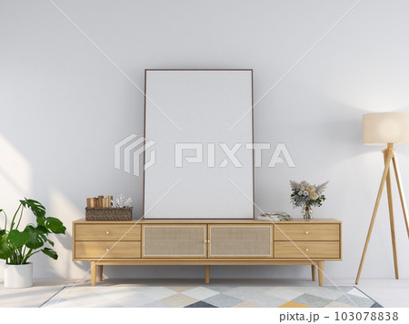 living room interior with wooden sideboard and mock up frame 3D rendering living room interior with wooden sideboard and mock up frame 3D rendering 103078838