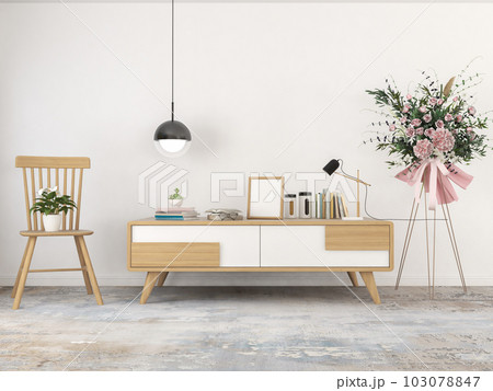 living room interior with wooden sideboard 3D rendering living room interior with wooden sideboard 3D rendering 103078847