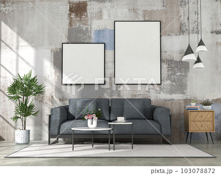 Interior living room with sofa and mock up poster frame. Scandinavian design. 3D render 103078872